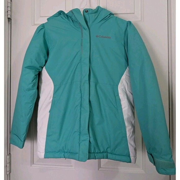 Columbia Jacket Youth Medium White Teal Hoodie Ski Outdoor Coat Insulated